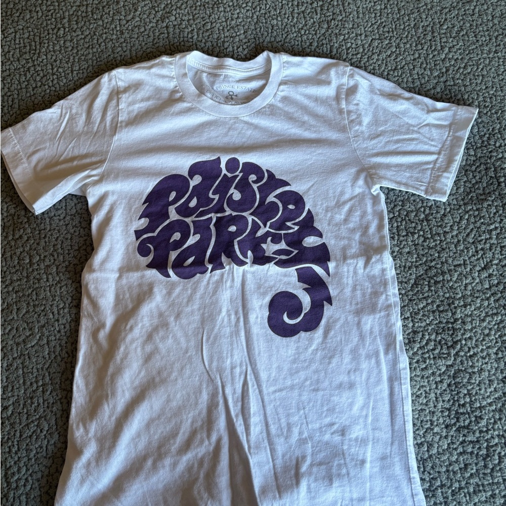 White and Purple Short Sleeve Tee with Graphic Design